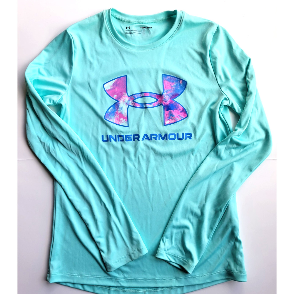 Under Armour Girls Long Sleeve T-Shirt Mint Green Pink Logo Youth Medium Loose